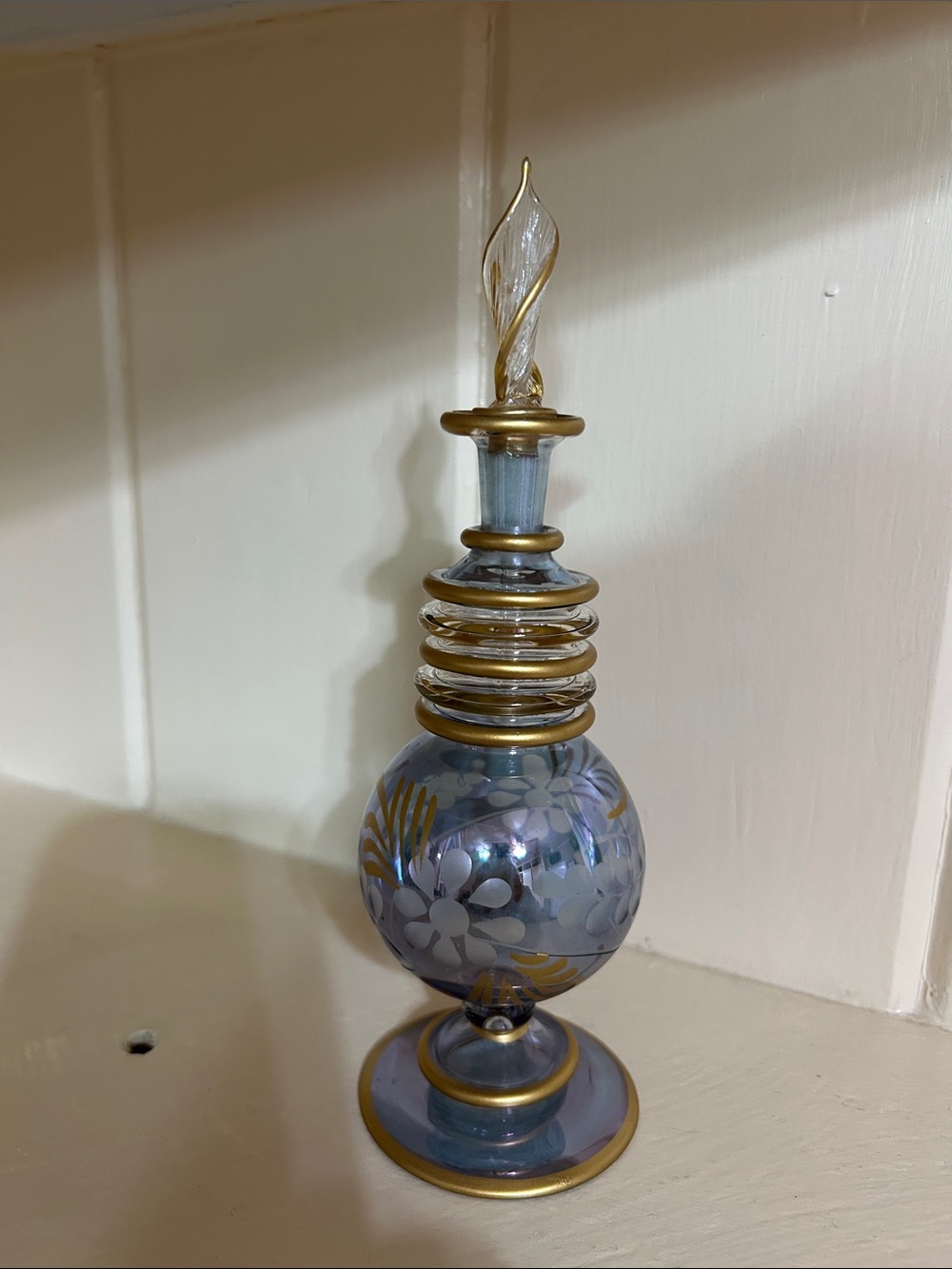 Handblown Decorative Perfume Bottle - Blue with Gold Accents